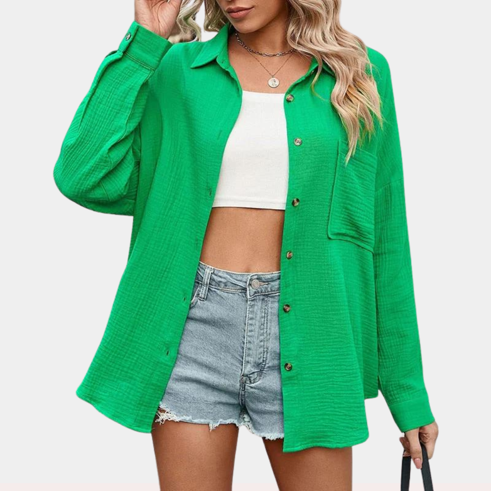 Women's Oversized Button-Up Shirt - Soft Cotton - Long Sleeve - Relaxed Fit