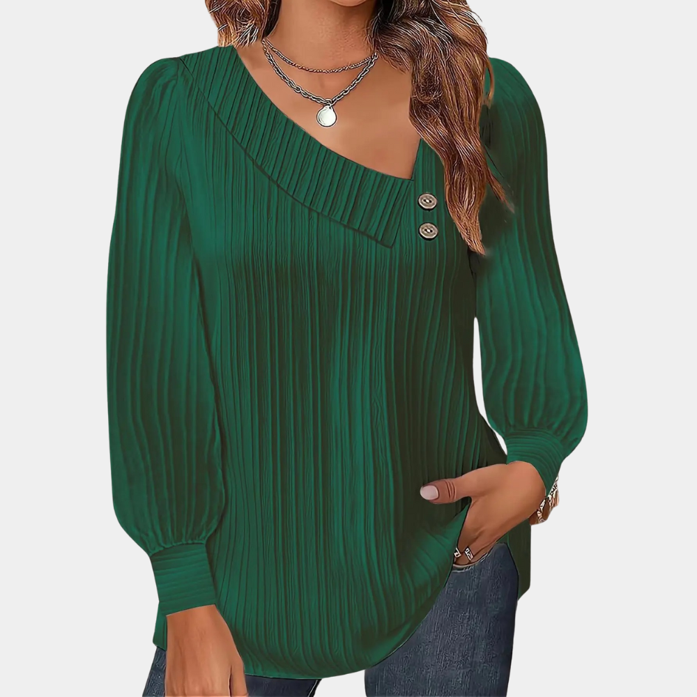 Women's Blouse - Ribbed Texture - Long Sleeves - Relaxed Fit - Cuffed Detailing