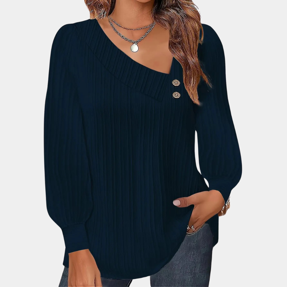 Women's Blouse - Ribbed Texture - Long Sleeves - Relaxed Fit - Cuffed Detailing