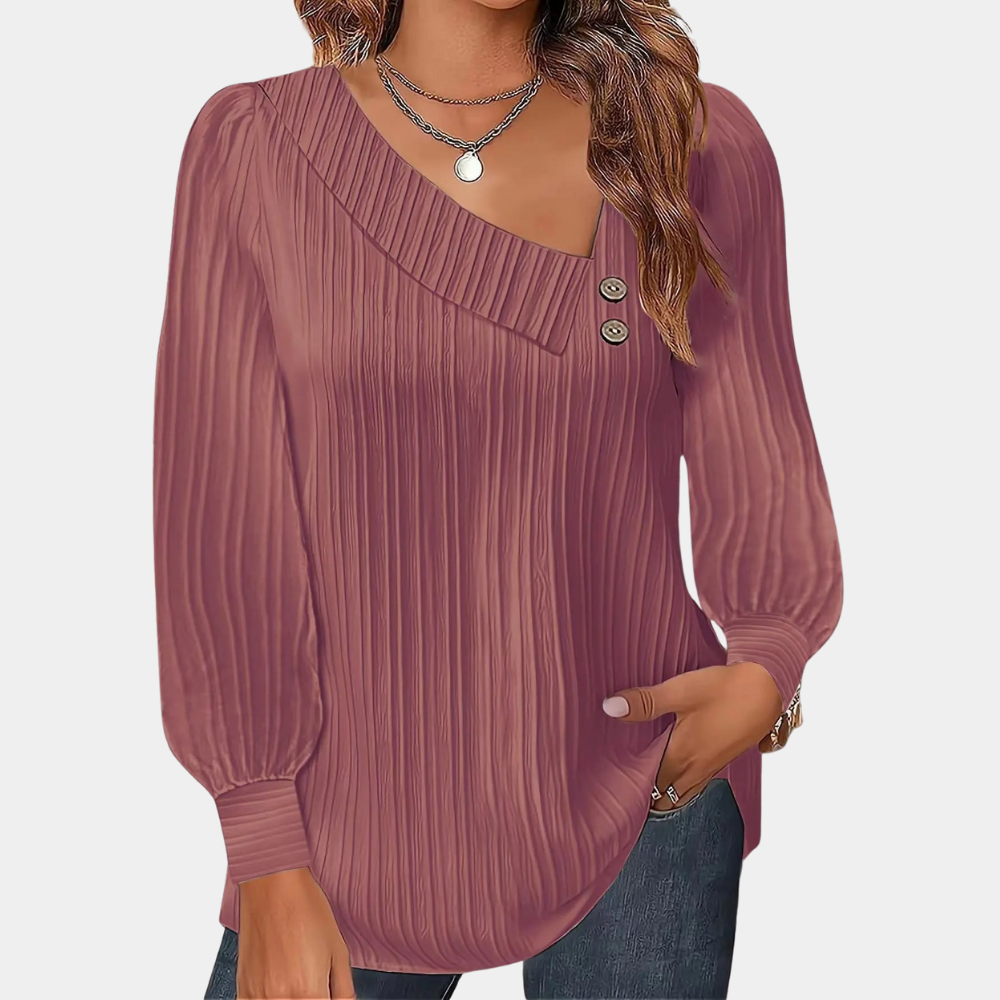 Women's Blouse - Ribbed Texture - Long Sleeves - Relaxed Fit - Cuffed Detailing