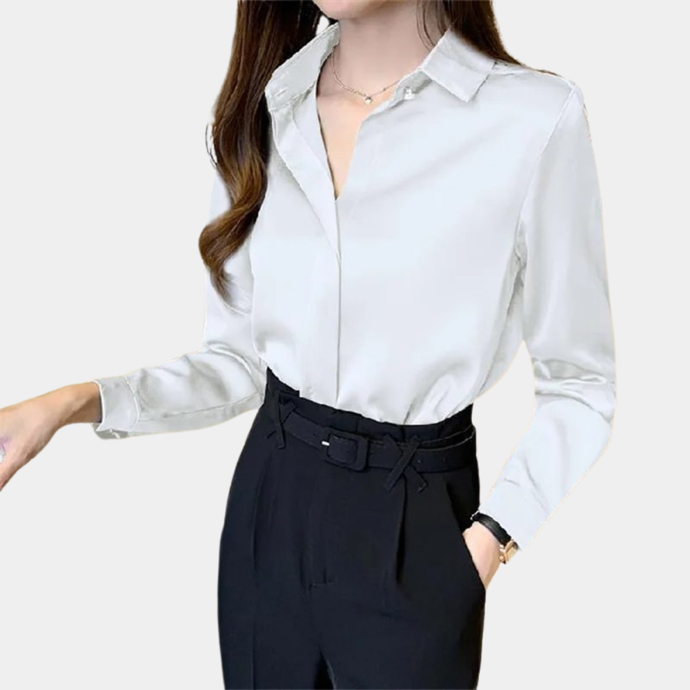 Women's Satin Blouse - Button-Up Collared - Tailored Fit - Long Sleeve Elegant Style