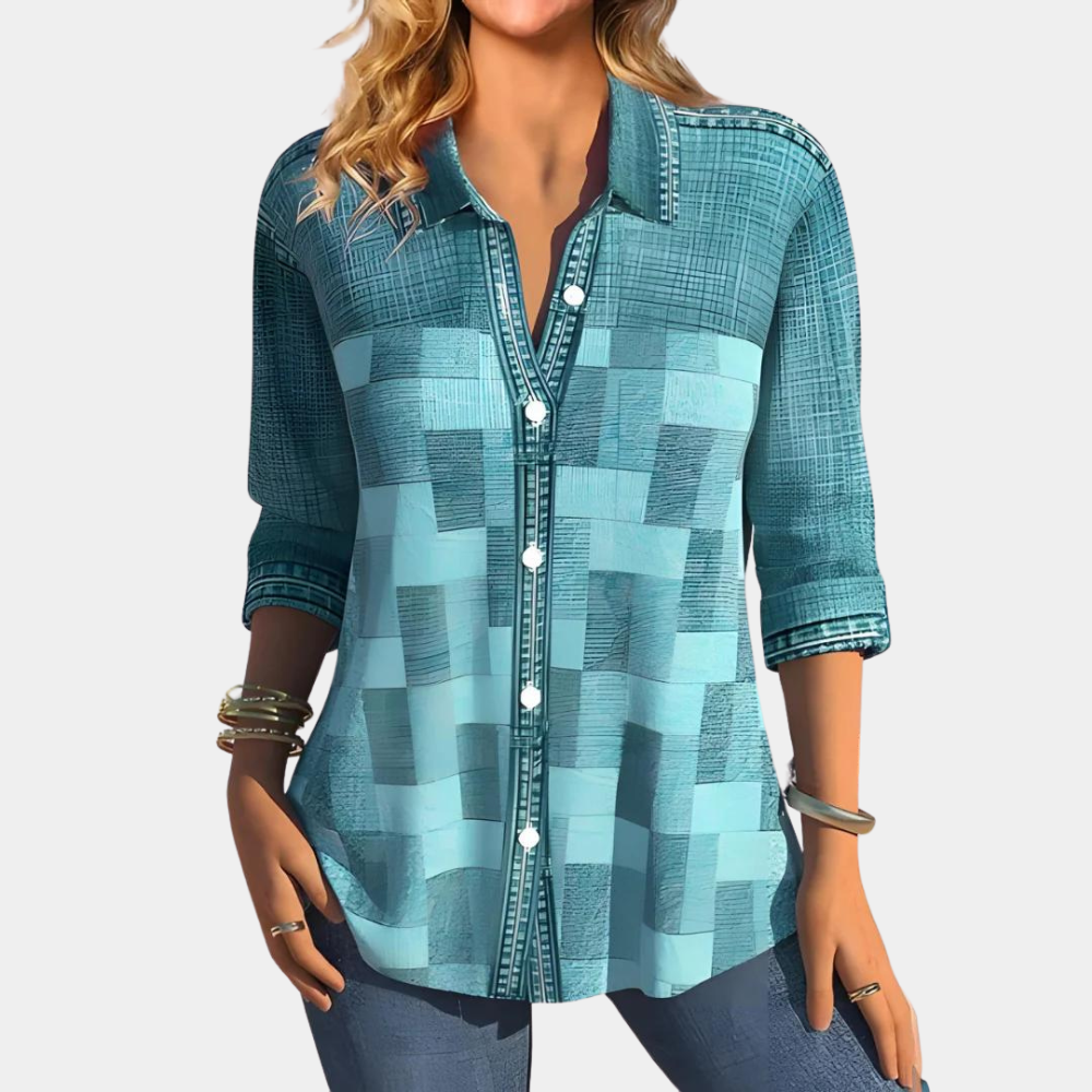 Women's loose long-sleeved shirt with contrast color stitching