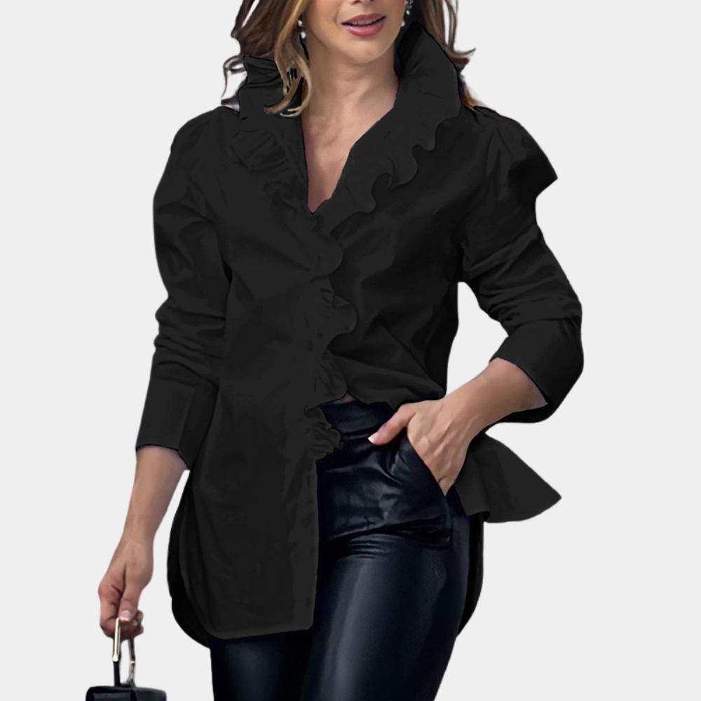 Women's Blouse - Ruffled Collar & Front - Long Sleeve Elegant Tailored Fit