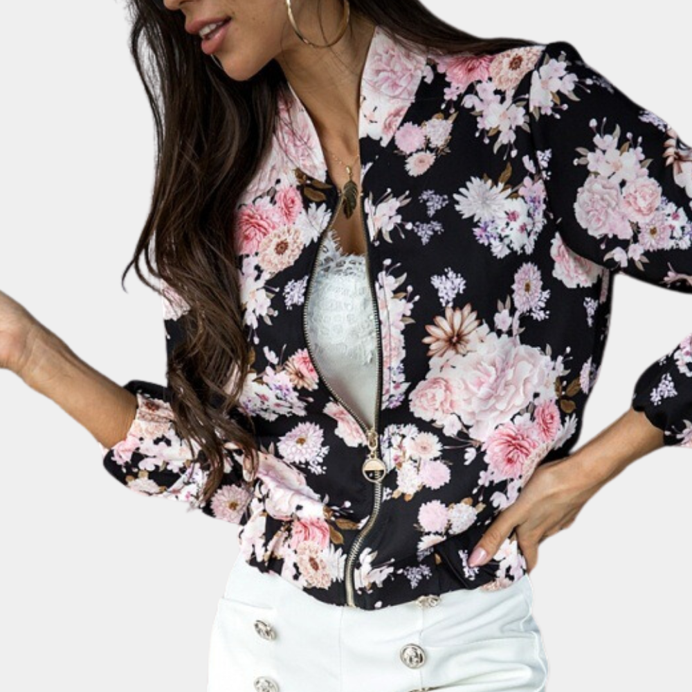 Women’s Bomber Jacket - Floral Print - Zip Closure - Lightweight Casual Wear