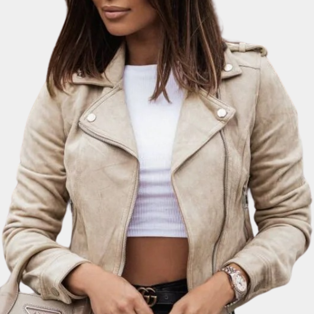 Women’s Biker Jacket - Cropped Fit - Asymmetrical Zipper - Notched Lapel - Fitted Sleeves