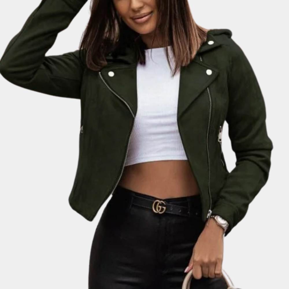 Women’s Biker Jacket - Cropped Fit - Asymmetrical Zipper - Notched Lapel - Fitted Sleeves