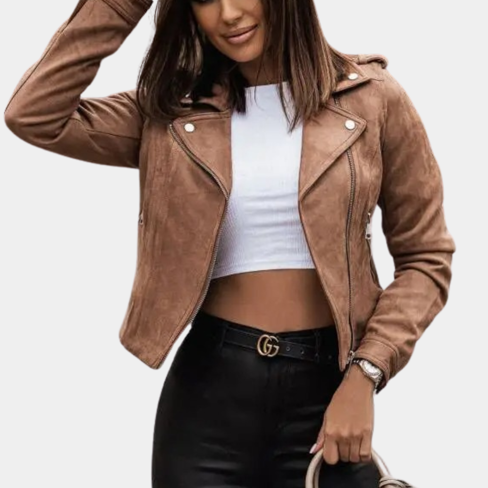 Women’s Biker Jacket - Cropped Fit - Asymmetrical Zipper - Notched Lapel - Fitted Sleeves