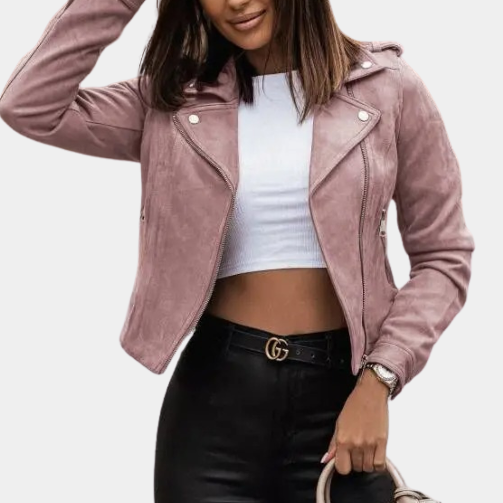Women’s Biker Jacket - Cropped Fit - Asymmetrical Zipper - Notched Lapel - Fitted Sleeves