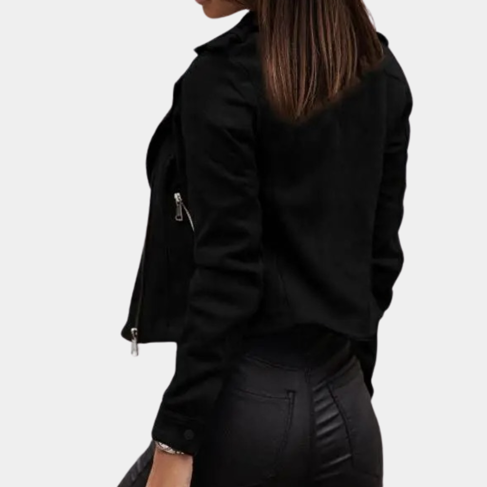 Women’s Biker Jacket - Cropped Fit - Asymmetrical Zipper - Notched Lapel - Fitted Sleeves