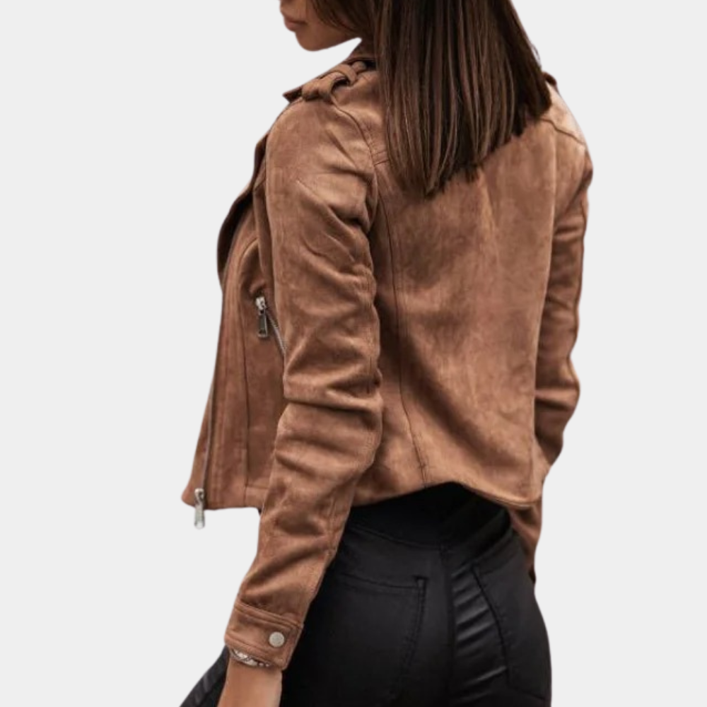 Women’s Biker Jacket - Cropped Fit - Asymmetrical Zipper - Notched Lapel - Fitted Sleeves
