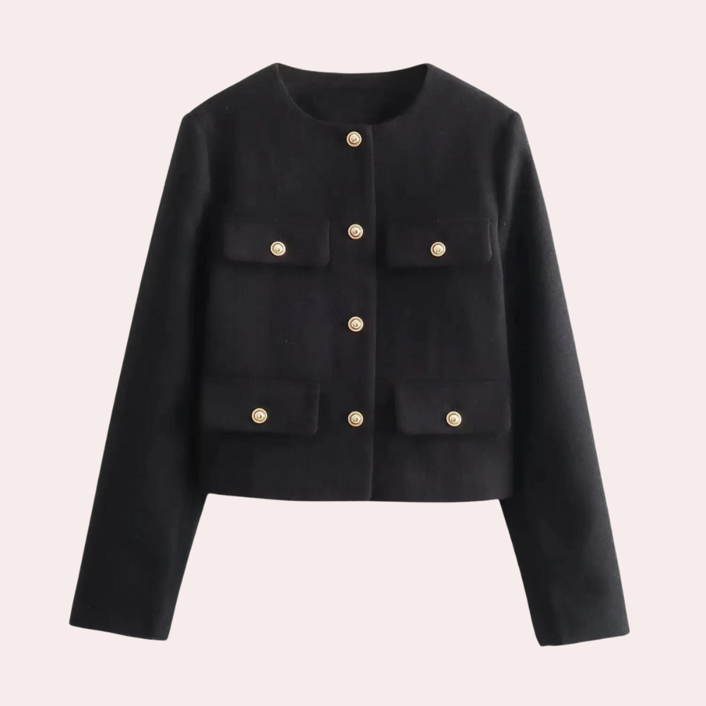 Women’s loose fit short jacket with round neck and flap decoration