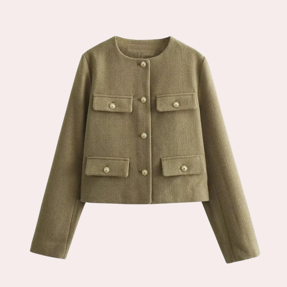 Women’s loose fit short jacket with round neck and flap decoration