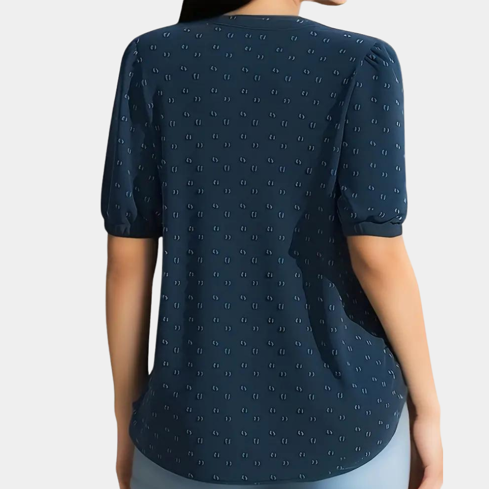 Women's Blouse - V-Neck Henley - Button Front - Short Puff Sleeves - Relaxed Fit