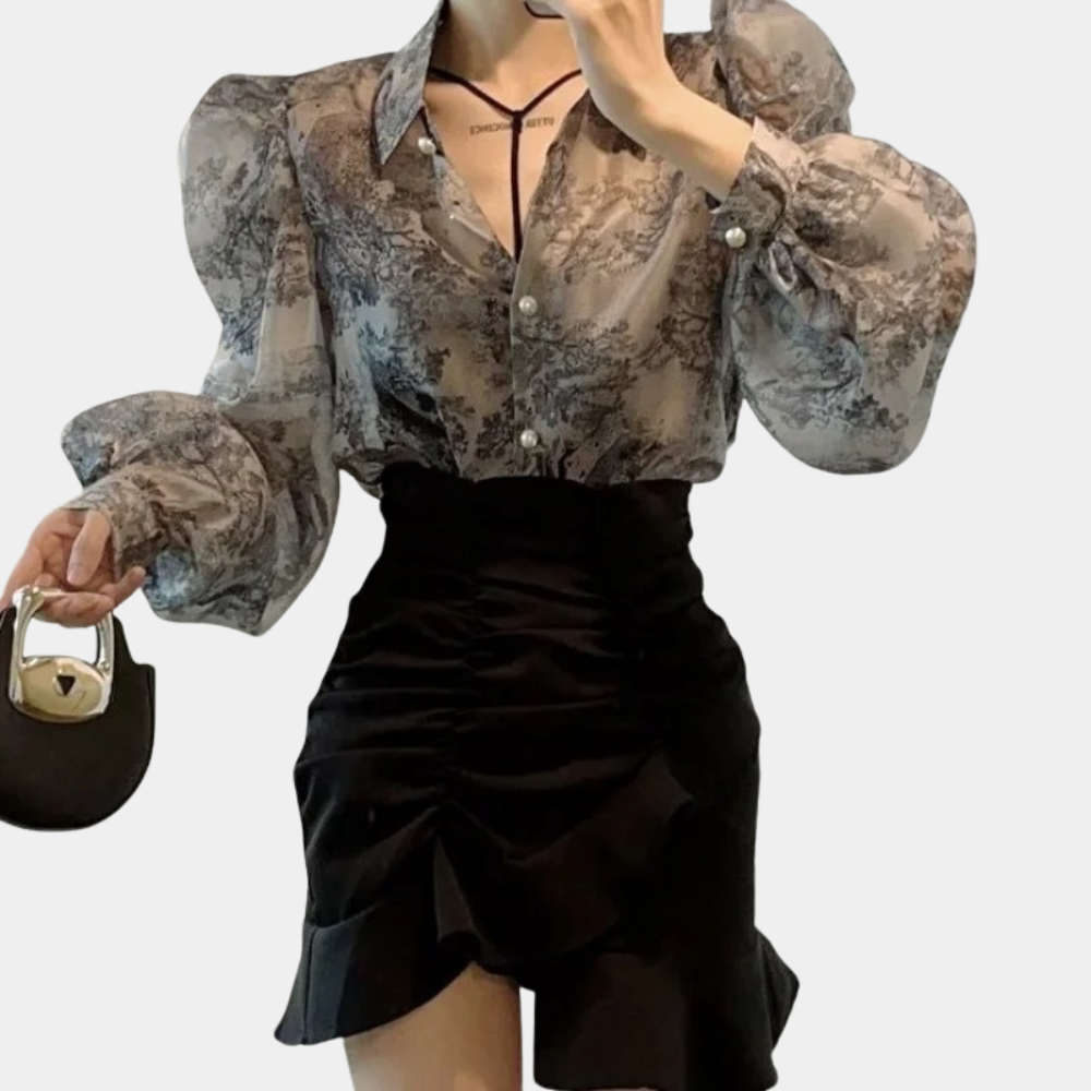 Women's Sheer Blouse - Puff Sleeve - Tailored Fit - Button-Up Elegant Design