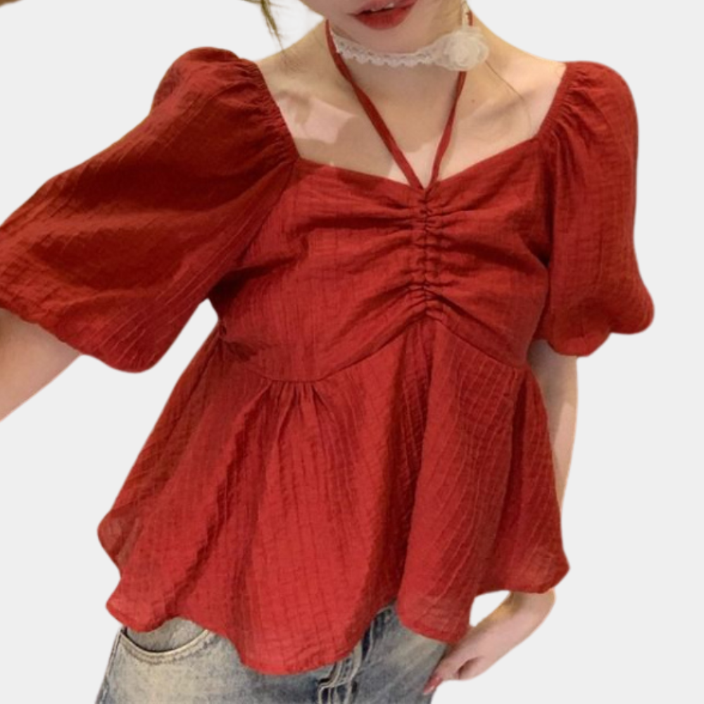 Women's V-Neck Blouse - Puff Sleeve - Flowy Fit - Ruched Front with Lace-Up Detail