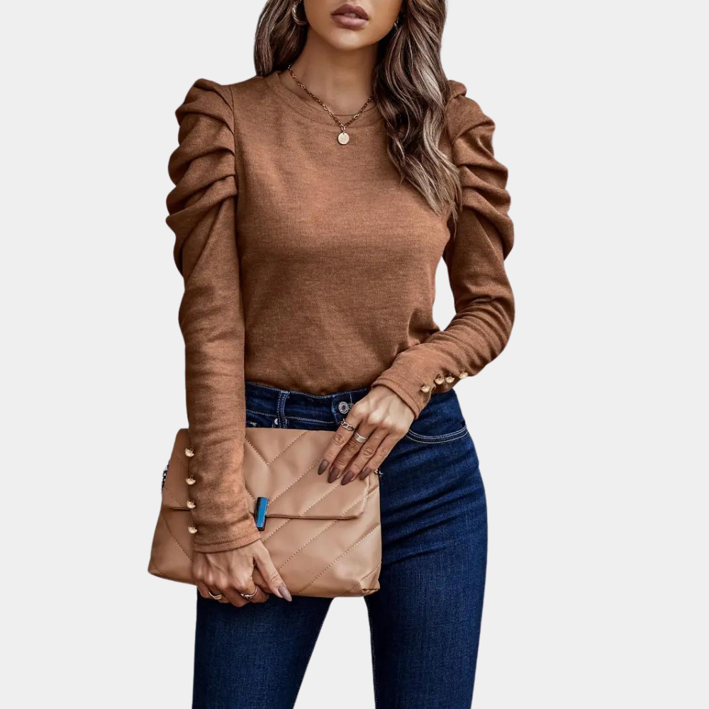 Soft Knit Ruched Sleeve Long-Sleeve Top