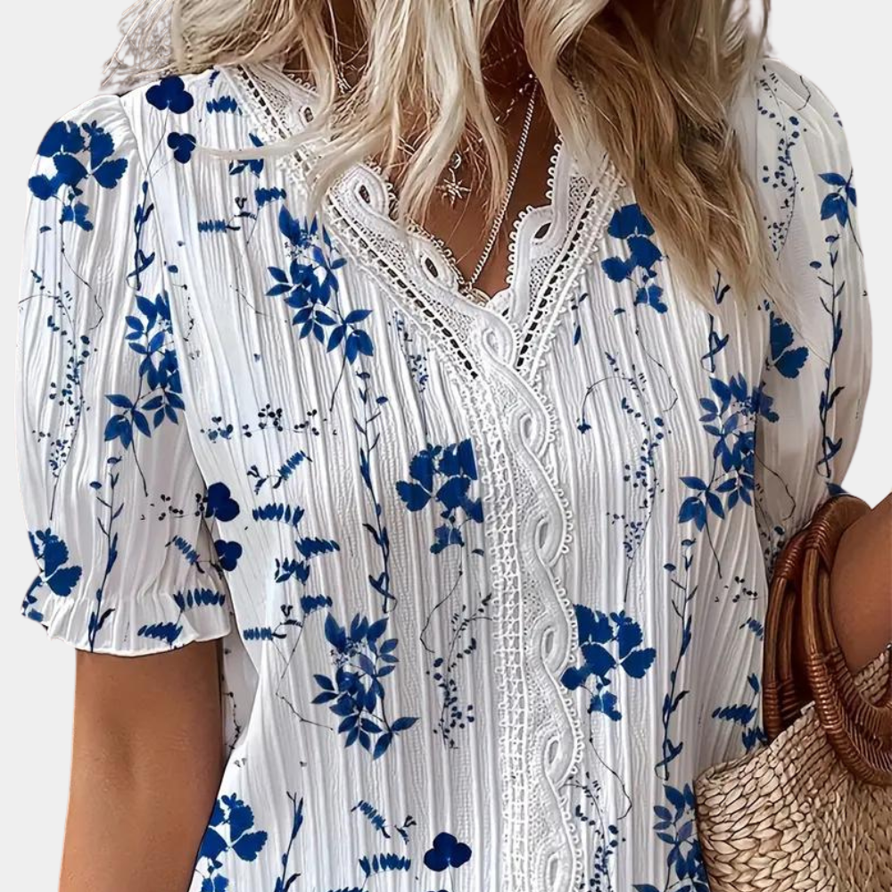 Women's Blouse - Lace Trim V-Neck - Puff Short Sleeve - Relaxed Fit Lightweight