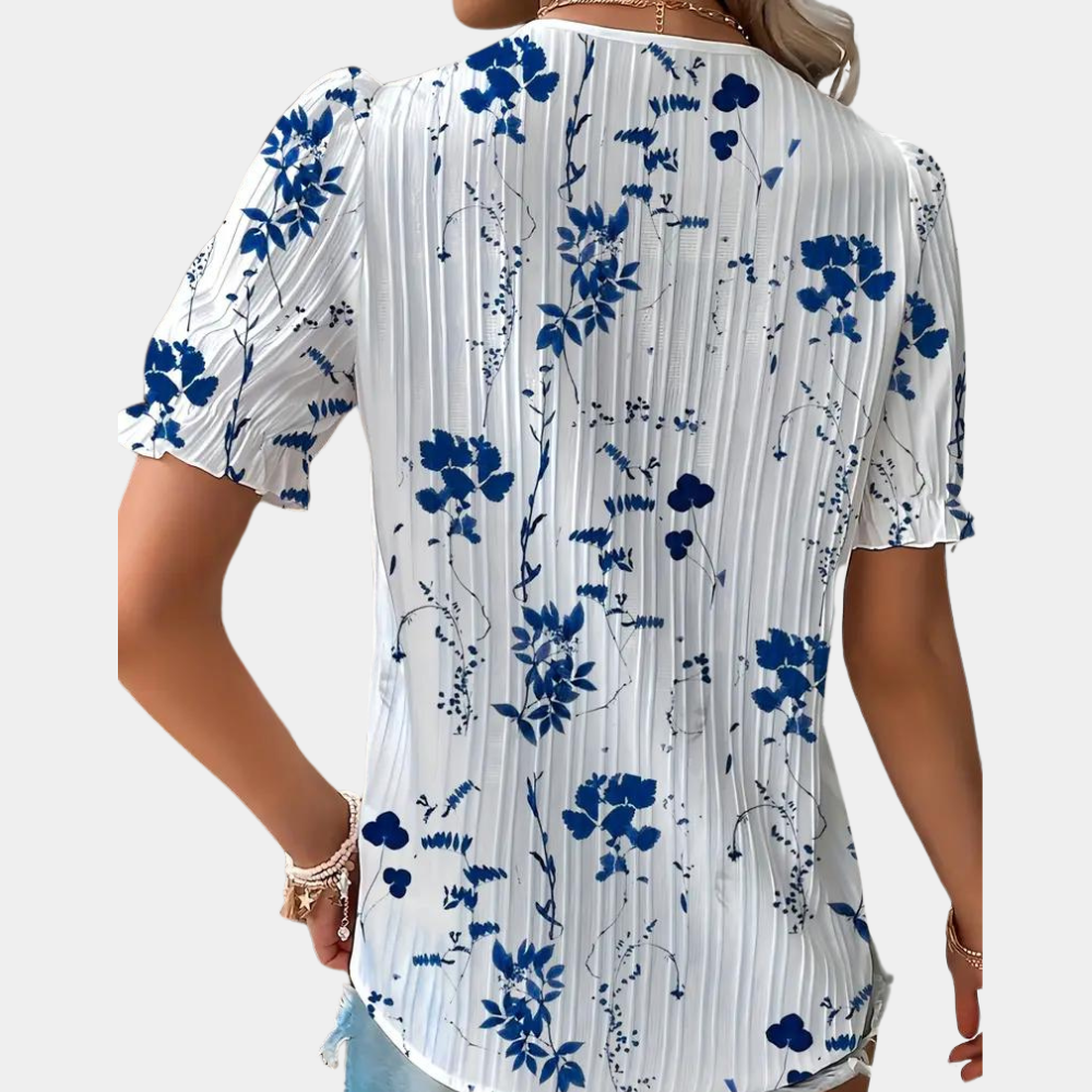 Women's Blouse - Lace Trim V-Neck - Puff Short Sleeve - Relaxed Fit Lightweight