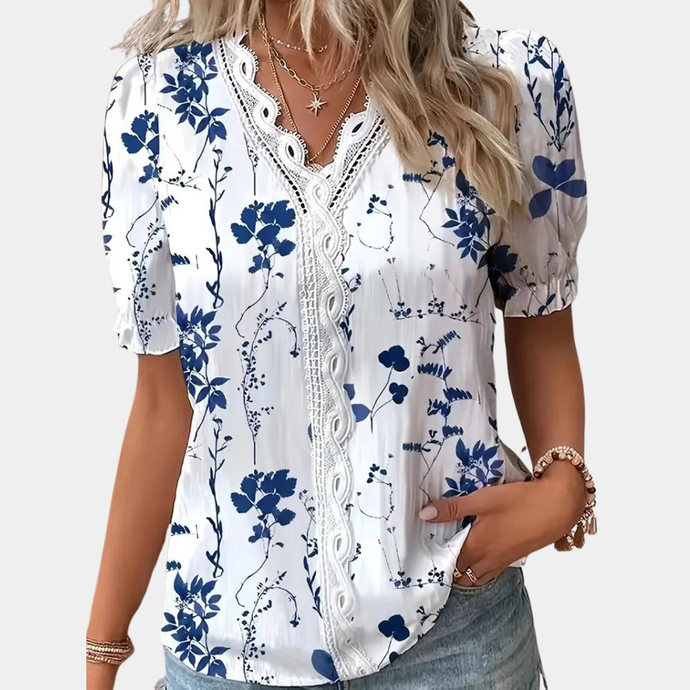Women's Blouse - Lace Trim V-Neck - Puff Short Sleeve - Relaxed Fit Lightweight