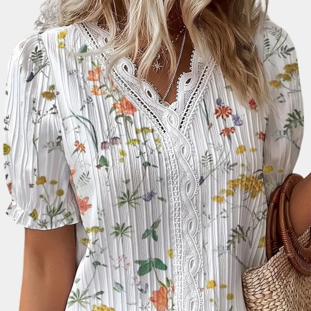 Women's Blouse - Lace Trim V-Neck - Puff Short Sleeve - Relaxed Fit Lightweight