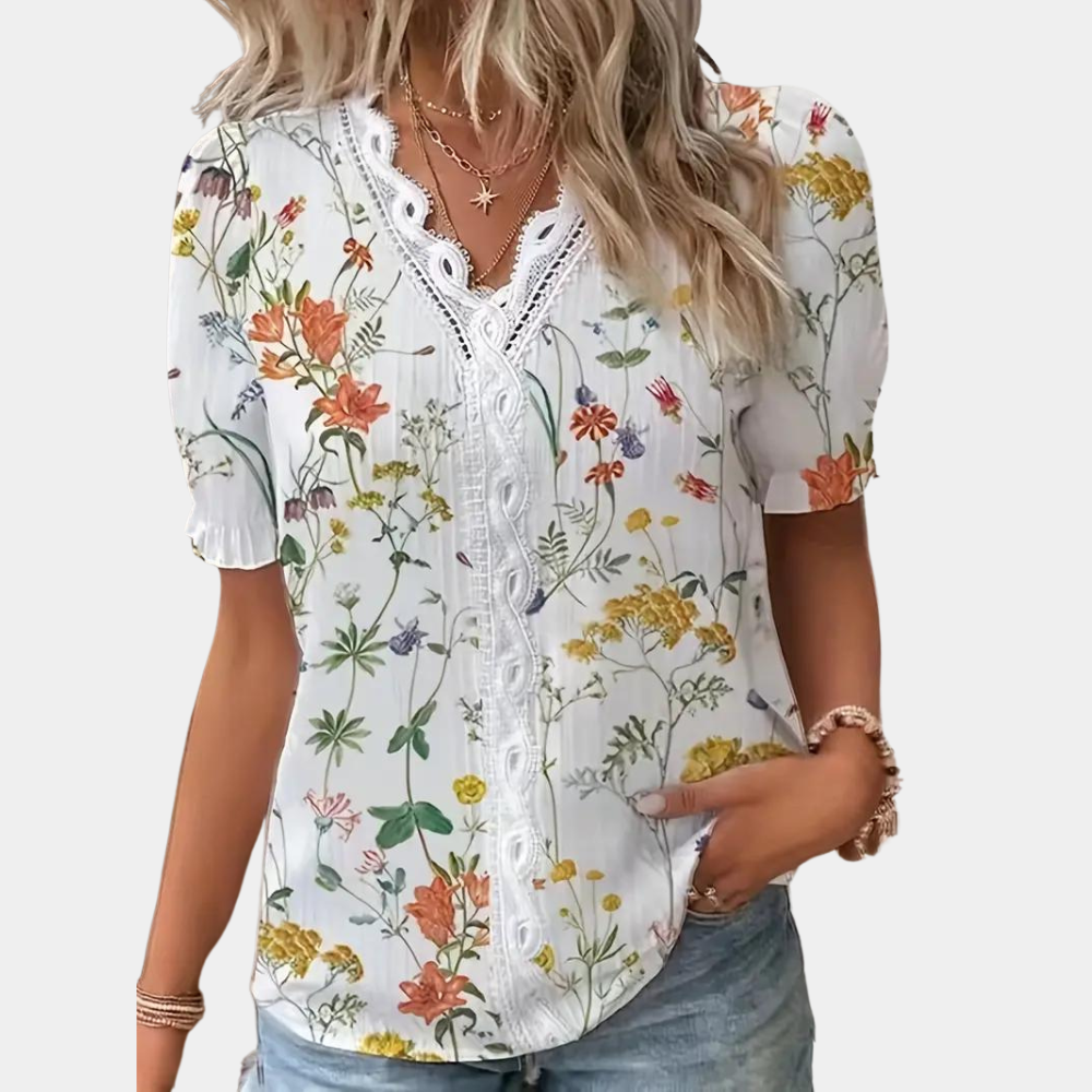Lace Trim Relaxed Fit Puff Sleeve Blouse