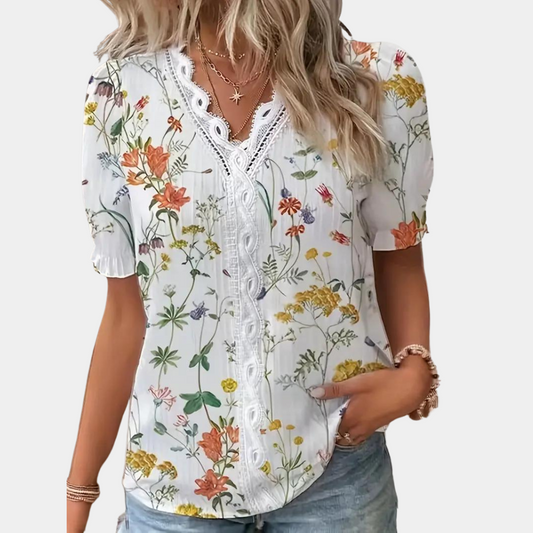 Lace Trim Relaxed Fit Puff Sleeve Blouse