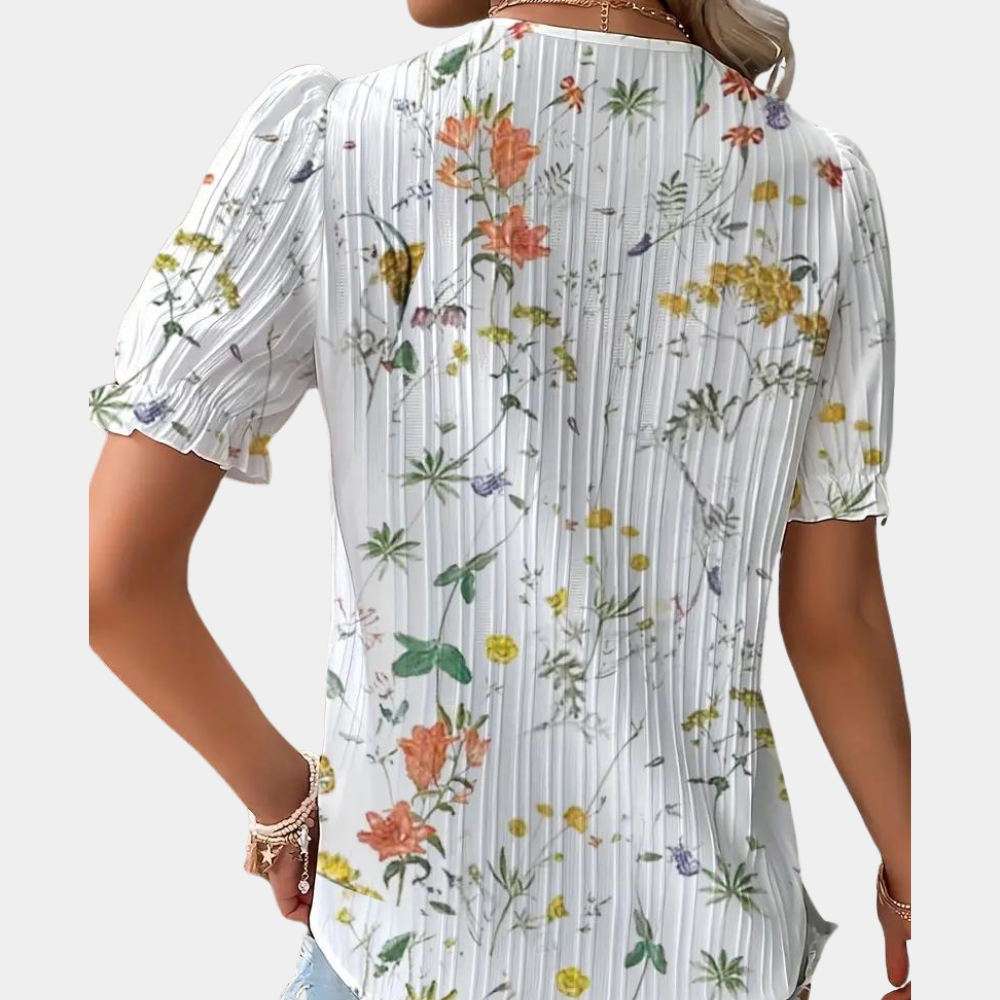 Women's Blouse - Lace Trim V-Neck - Puff Short Sleeve - Relaxed Fit Lightweight