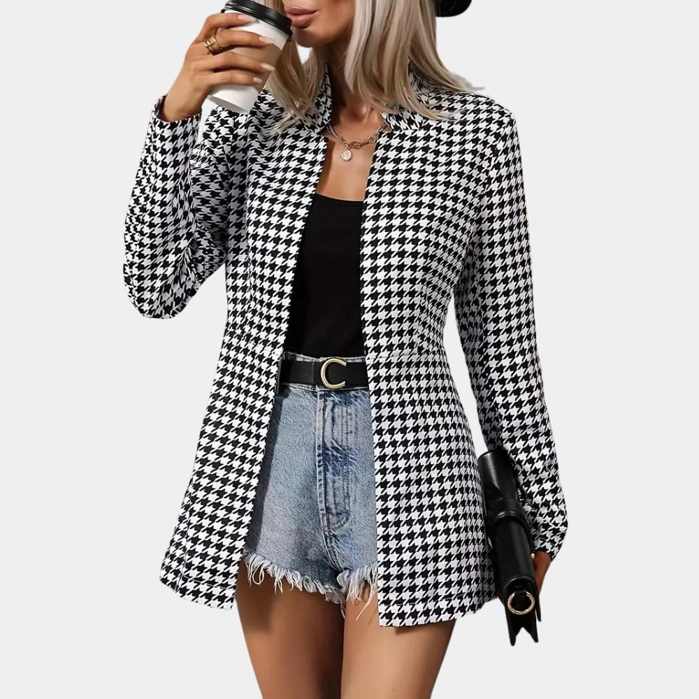 Women’s Blazer - Tailored Fit - Houndstooth Pattern - Long Sleeve - Lapel Collar