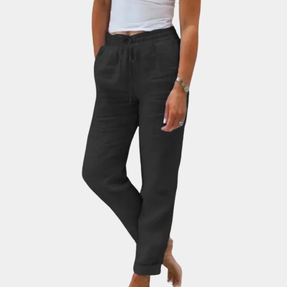 Women's Linen Pants - Relaxed Fit - Drawstring Waist - Straight Leg with Pockets