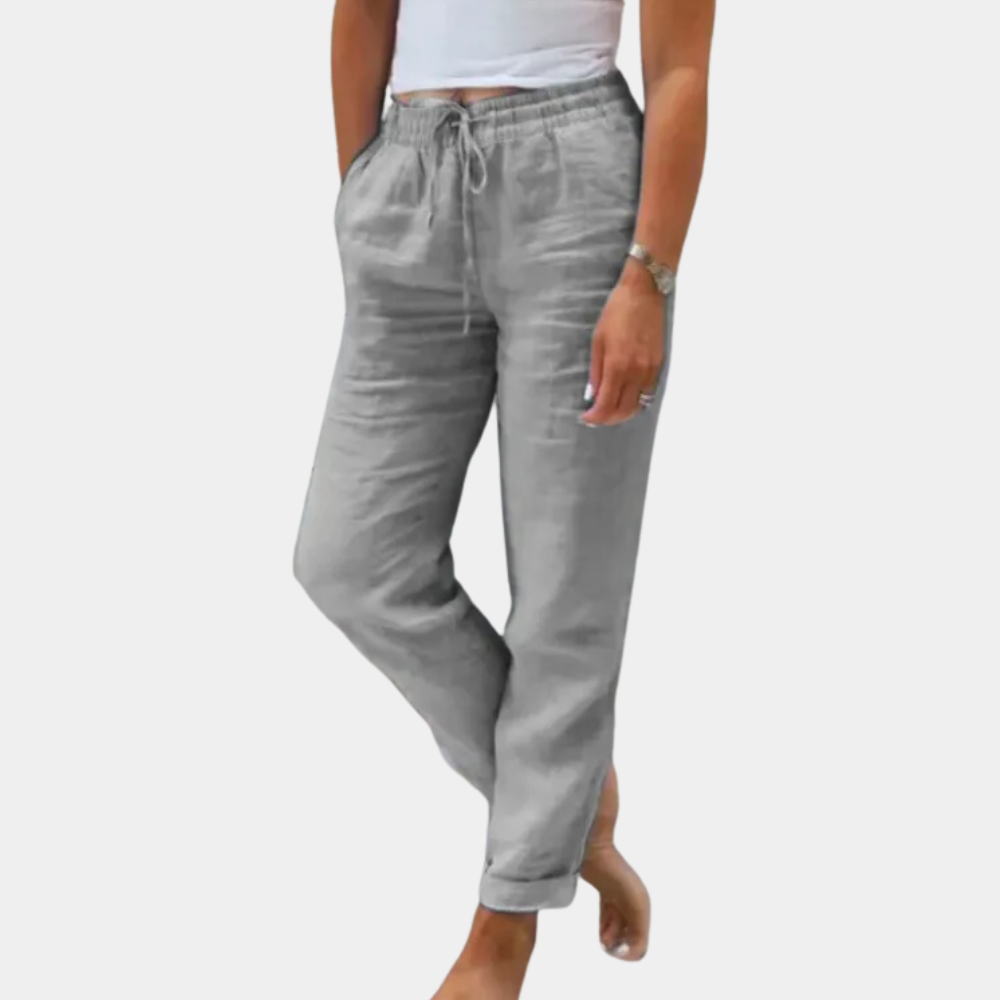 Women's Linen Pants - Relaxed Fit - Drawstring Waist - Straight Leg with Pockets