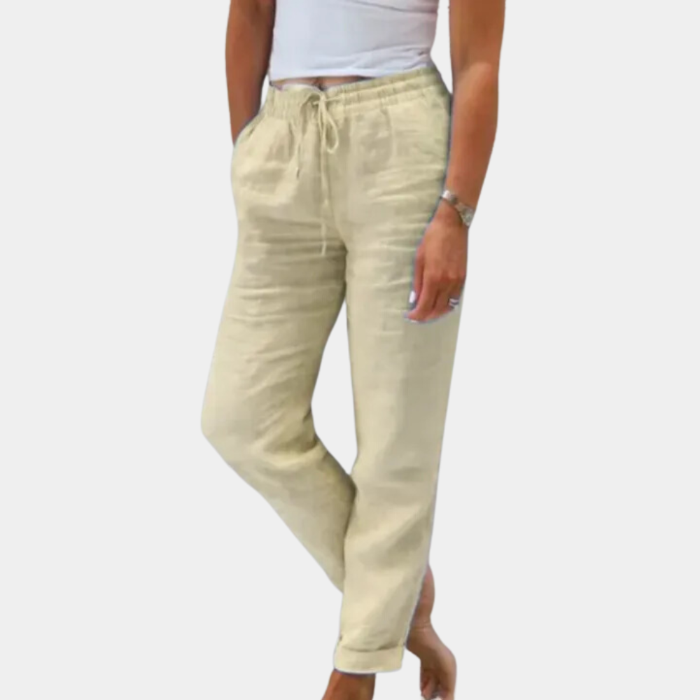 Women's Linen Pants - Relaxed Fit - Drawstring Waist - Straight Leg with Pockets