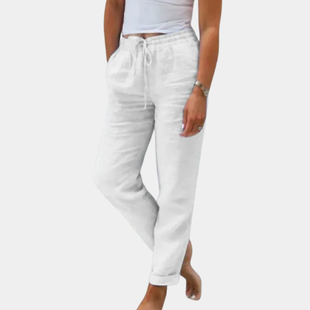 Women's Linen Pants - Relaxed Fit - Drawstring Waist - Straight Leg with Pockets
