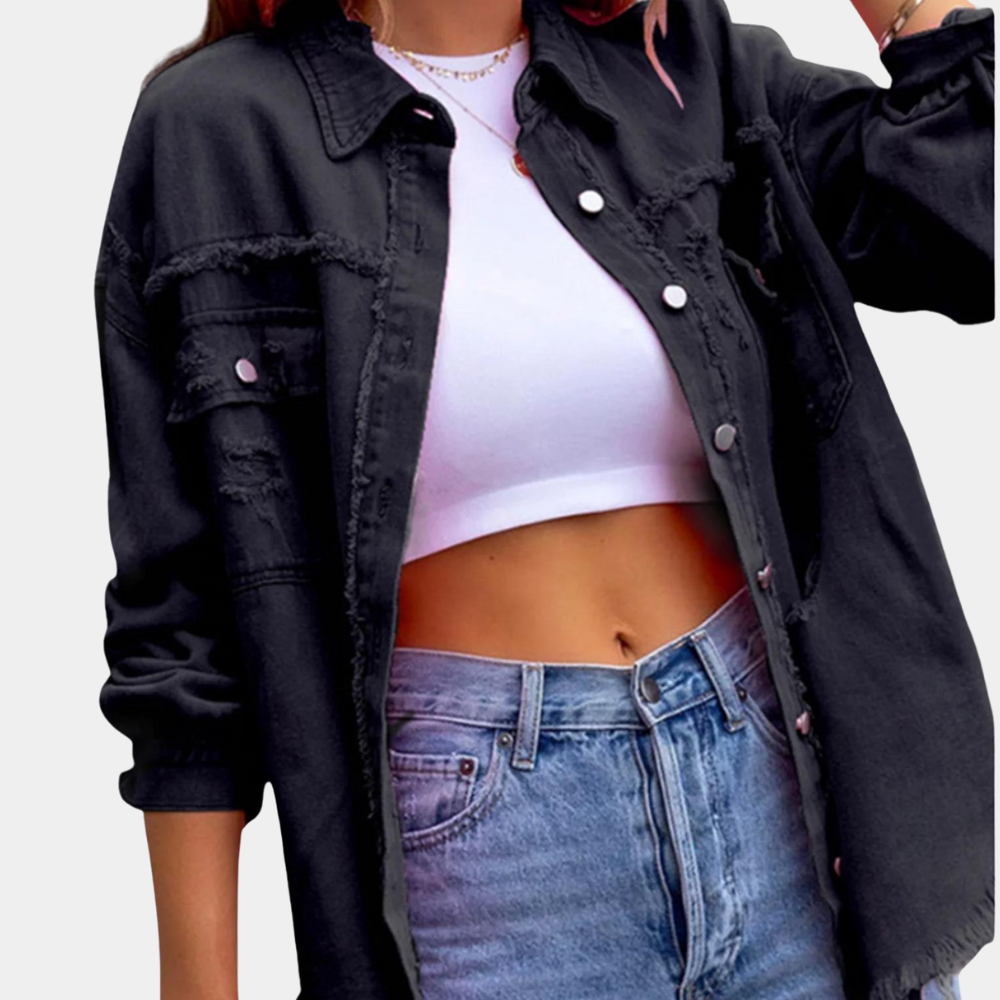 Women's Denim Jacket - Distressed Oversized Fit - Frayed Hem - Long Sleeve Casual Wear