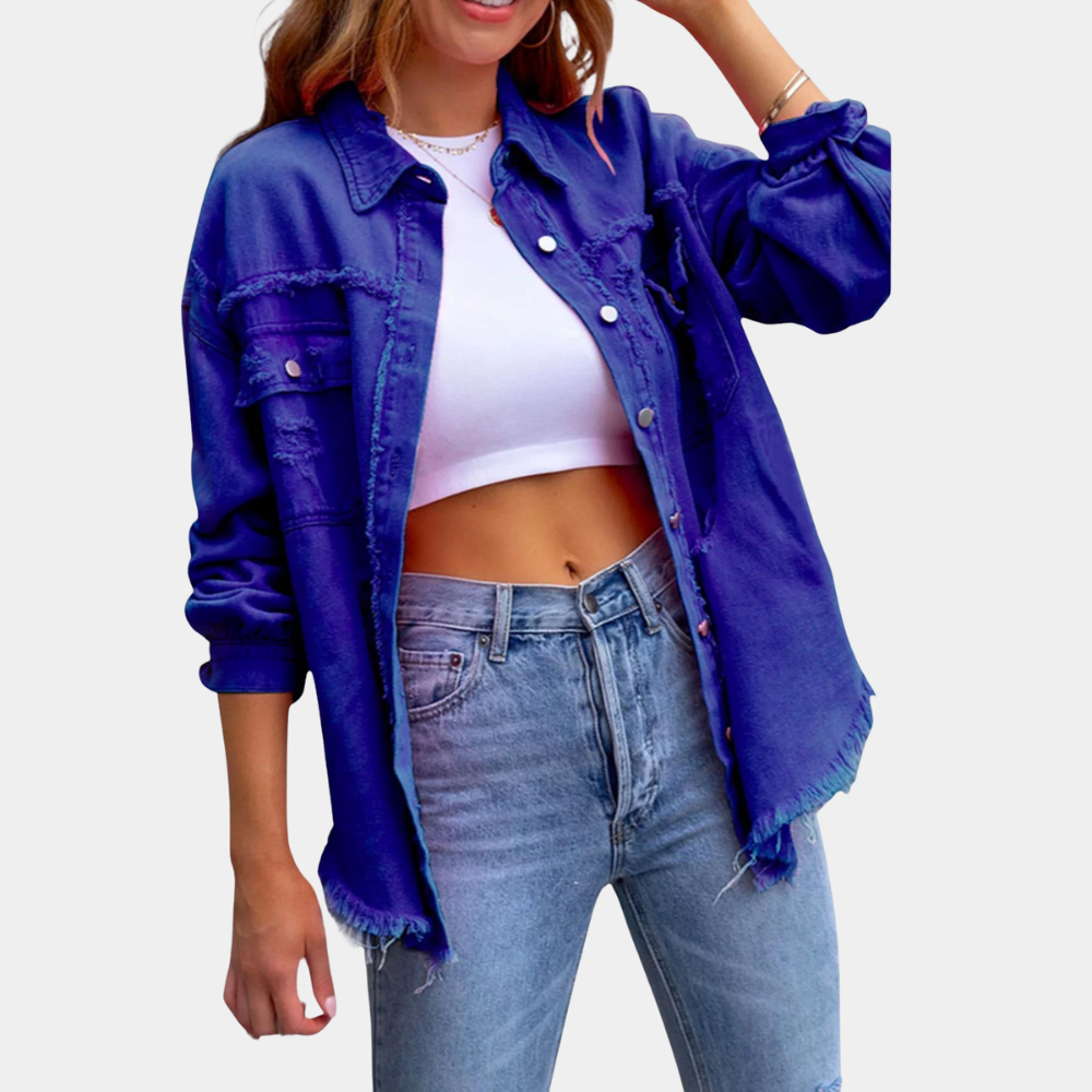 Women's Denim Jacket - Distressed Oversized Fit - Frayed Hem - Long Sleeve Casual Wear
