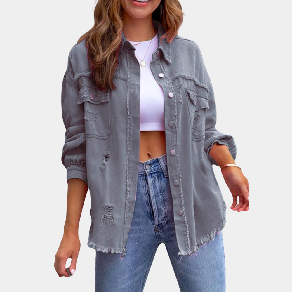 Women's Denim Jacket - Distressed Oversized Fit - Frayed Hem - Long Sleeve Casual Wear