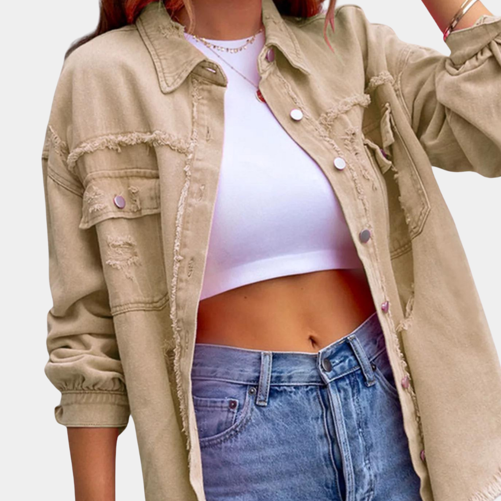 Women's Denim Jacket - Distressed Oversized Fit - Frayed Hem - Long Sleeve Casual Wear
