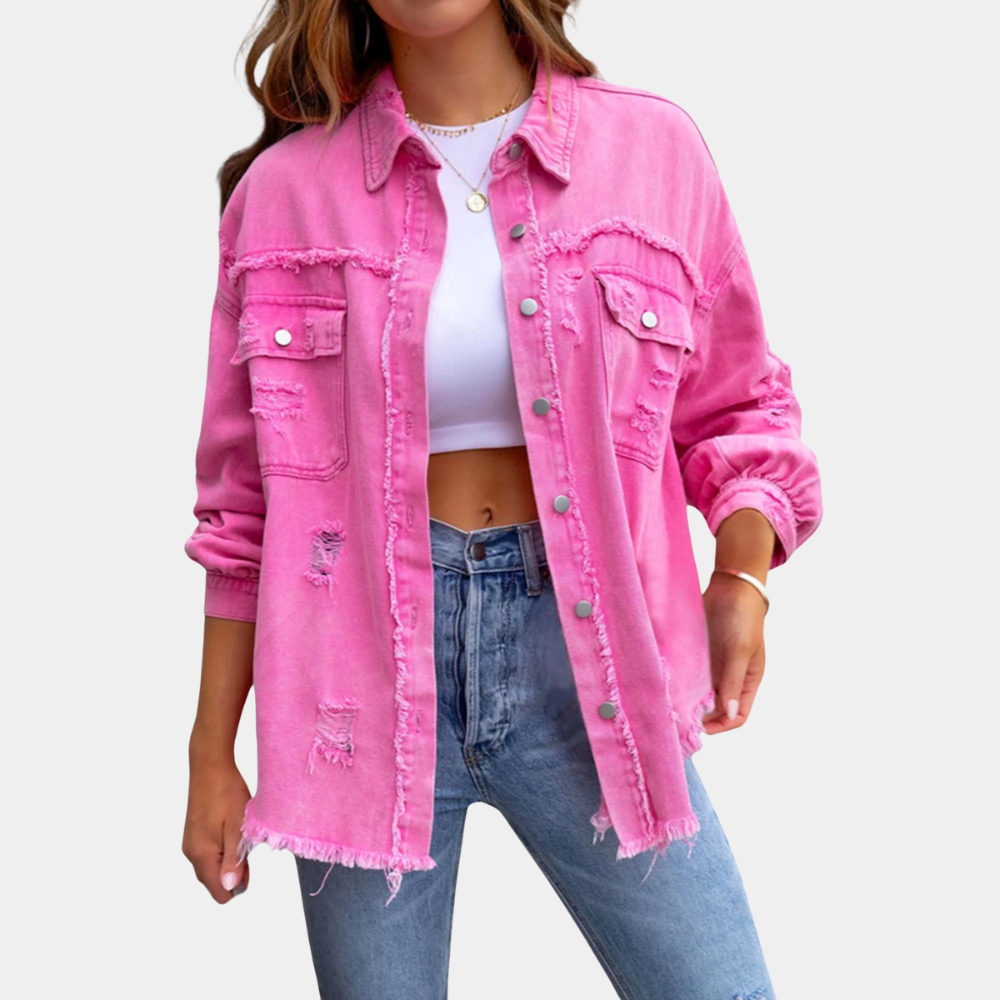Women's Denim Jacket - Distressed Oversized Fit - Frayed Hem - Long Sleeve Casual Wear