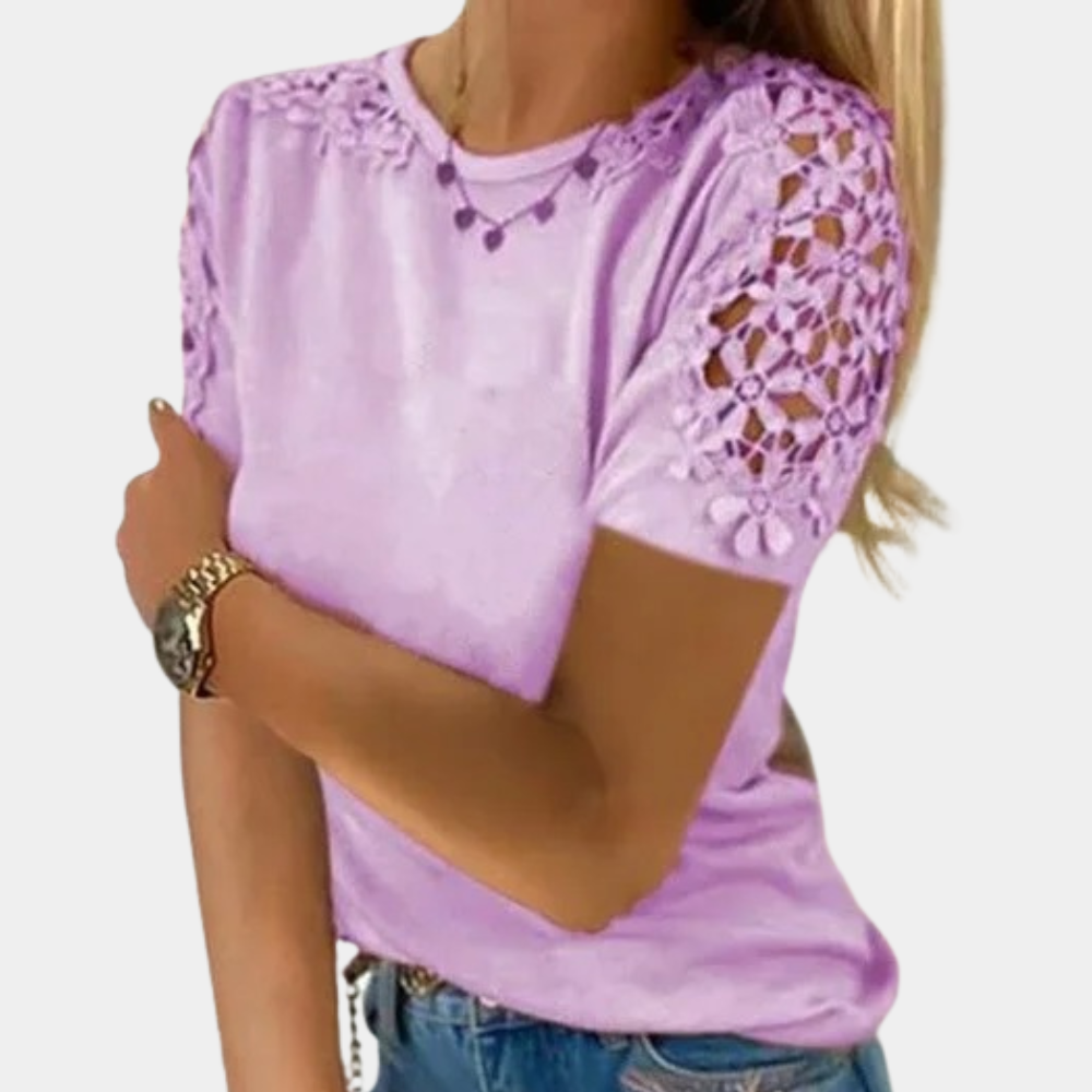 Women's Short-Sleeve Top - Round Neck - Crochet Lace Shoulder Detail - Relaxed Fit