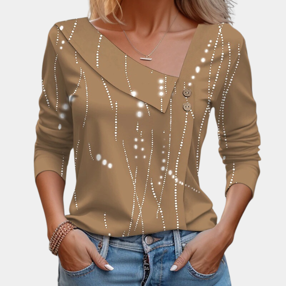 Women's Blouse - Floral Print - Asymmetrical Collar - 3/4 Sleeve Relaxed Fit