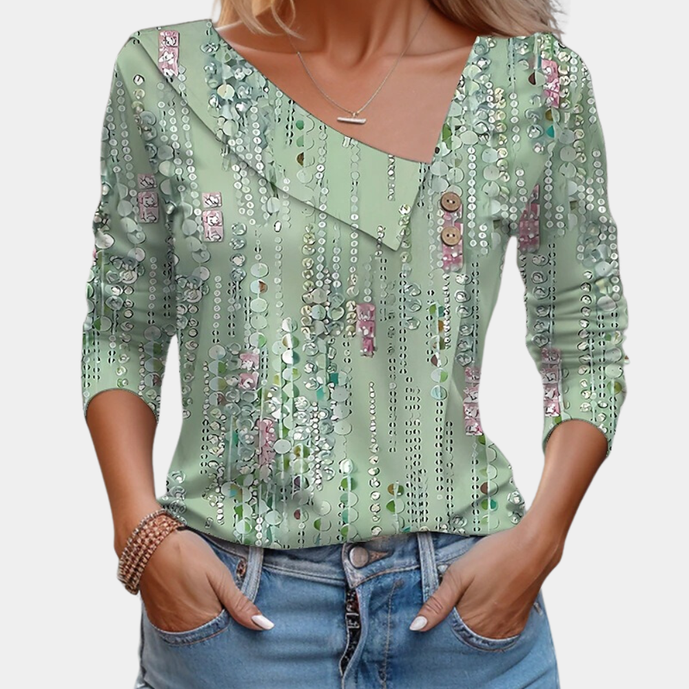 Women's Blouse - Floral Print - Asymmetrical Collar - 3/4 Sleeve Relaxed Fit