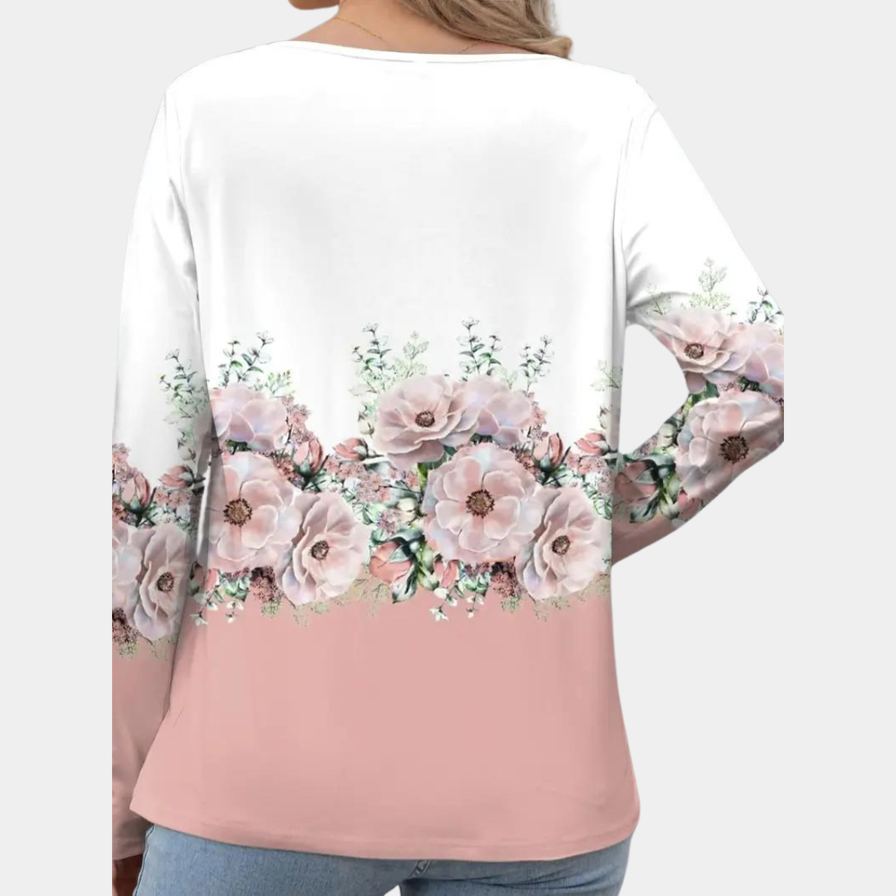 Women's Blouse - Floral Print - Asymmetrical Collar - 3/4 Sleeve Relaxed Fit