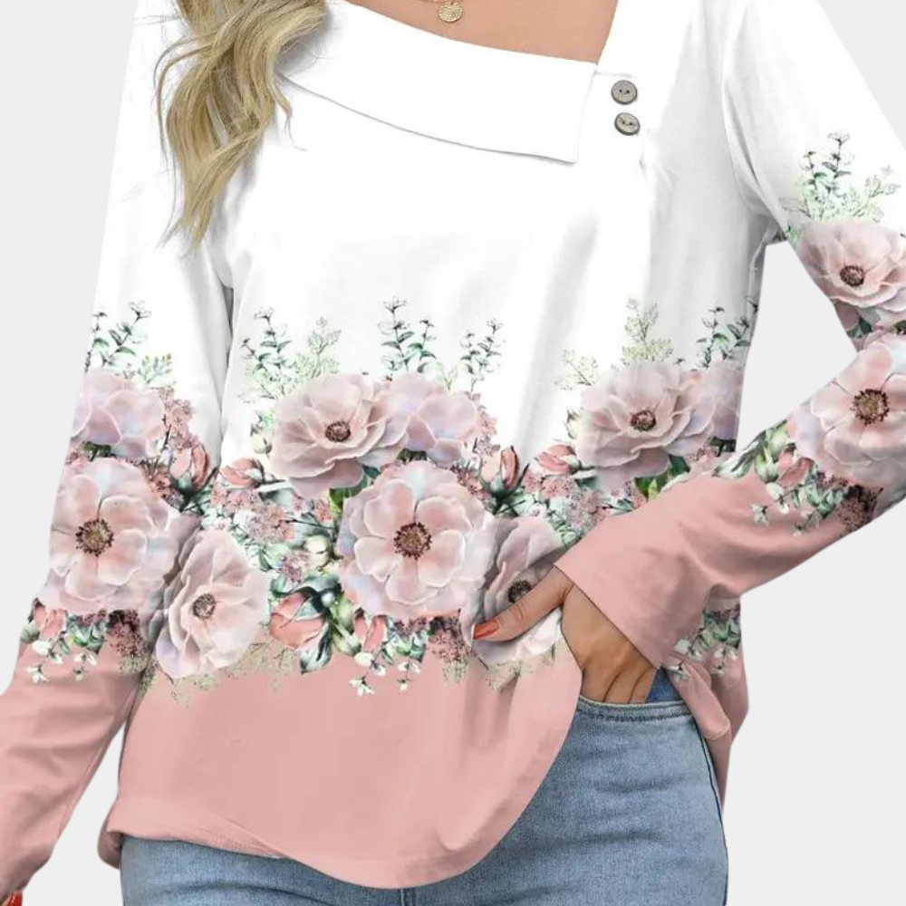 Women's Blouse - Floral Print - Asymmetrical Collar - 3/4 Sleeve Relaxed Fit