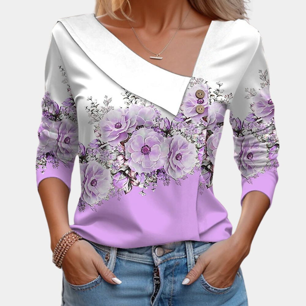 Women's Blouse - Floral Print - Asymmetrical Collar - 3/4 Sleeve Relaxed Fit