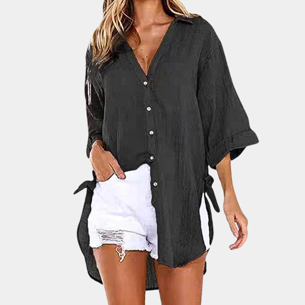 Women's Button-Up Shirt - Long Sleeve - Relaxed Fit - Side Tie Detail - Casual Wear
