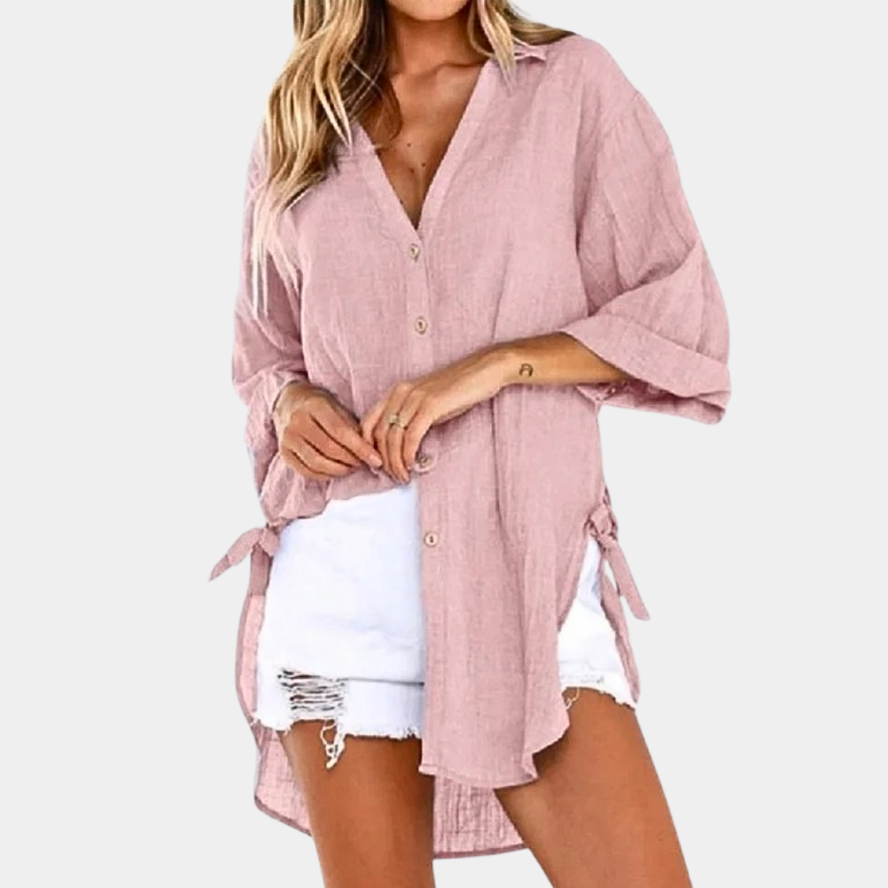 Women's Button-Up Shirt - Long Sleeve - Relaxed Fit - Side Tie Detail - Casual Wear