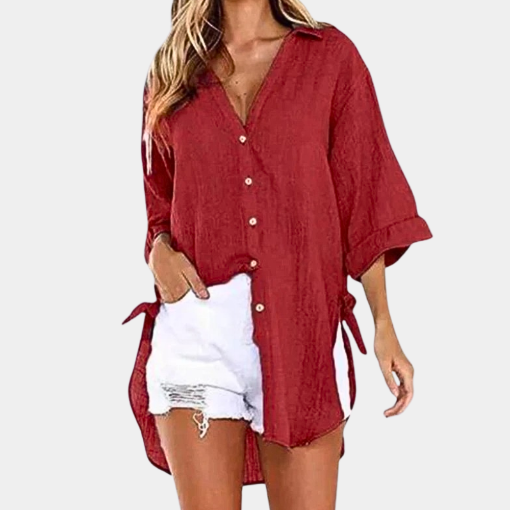 Women's Button-Up Shirt - Long Sleeve - Relaxed Fit - Side Tie Detail - Casual Wear