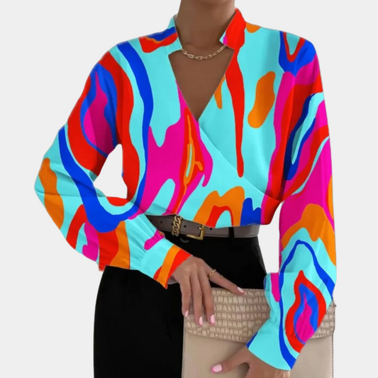 Abstract Pattern Wrap V-Neck Blouse