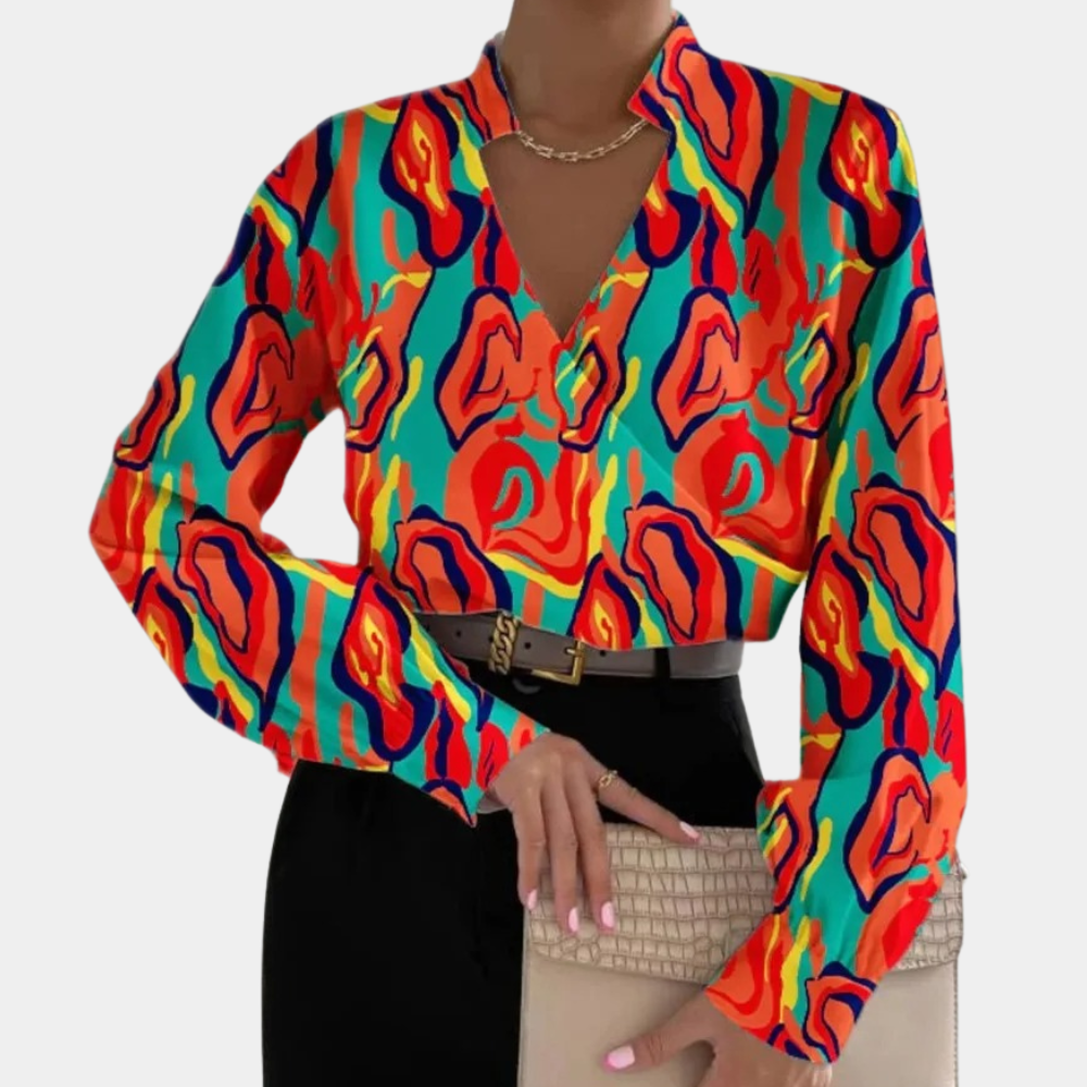 Women's Wrap Blouse - V-Neck Long Sleeve - Abstract Pattern Stylish Fit