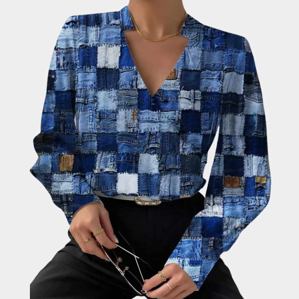 Women's Wrap Blouse - V-Neck Long Sleeve - Abstract Pattern Stylish Fit