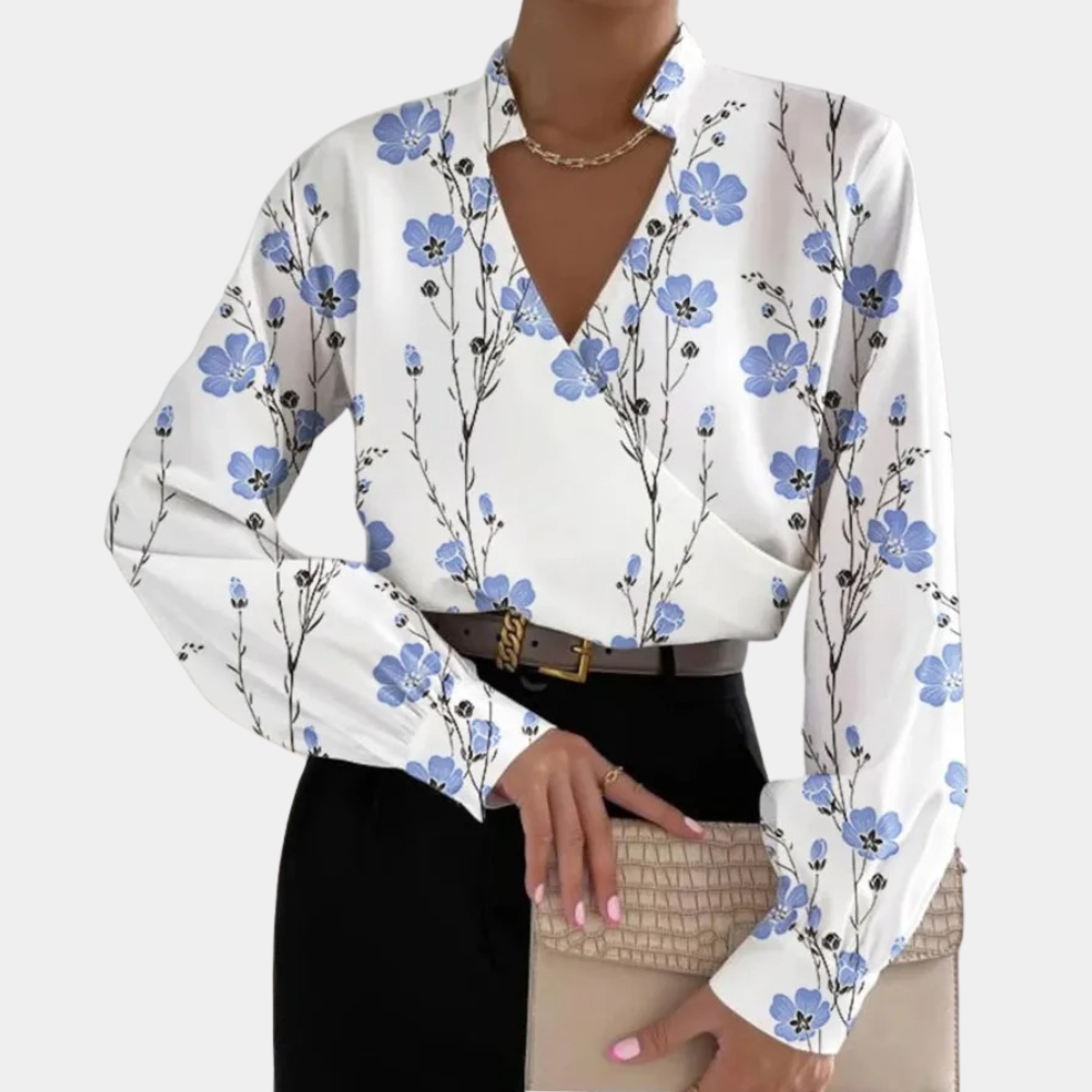 Abstract Pattern Wrap V-Neck Blouse